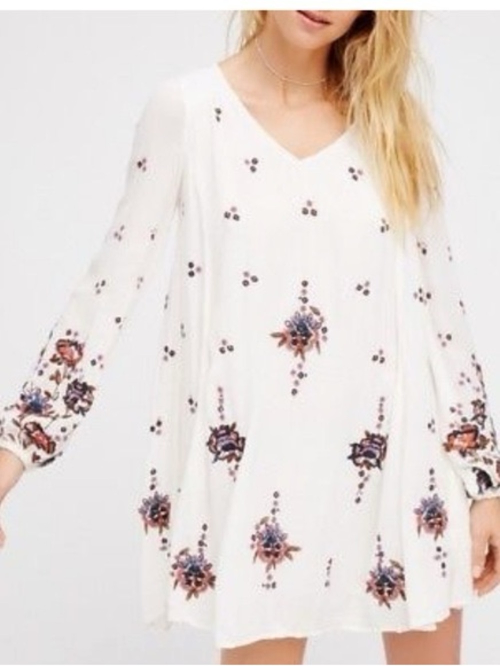 Free People Oxford Embroidered Mini Dress Ivory Floral Boho XS
